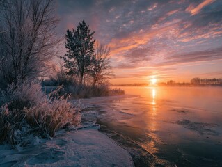 Frozen river sunrise winter landscape, tranquil scene