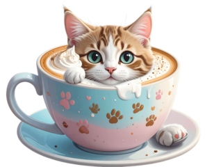 Cartoon Cat Sitting in Coffee Cup Illustration PNG