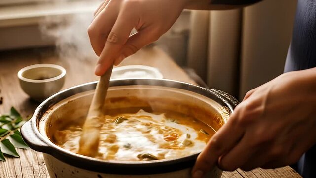 hands stirring creamy hot stew in a rustic pot