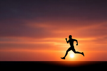 dynamic shot of a runner with a determined expression sprinting towards a finish line at sunset