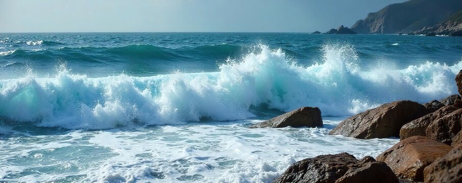 Powerful ocean waves crashing on a rocky shore, creating whitewater and sea foam Dramatic coastal scene with dynamic water movement and textured rocks , turquoise, force, natural beauty