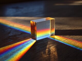 Glass cube refracting light, rainbow spectrum on wood, indoor setting, science experiment
