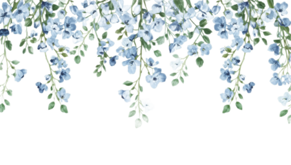 Hand-painted watercolor illustration of delicate hanging blue flowers. Romantic floral border for spring decoration or wedding banner