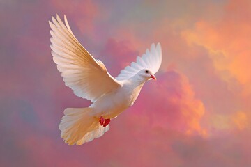 Obraz premium ​White Dove Flying in Pink and Orange Sunset Sky, Freedom and Peace Symbol with Warm Gradient Background, Spiritual or Nature-Themed Design Element.