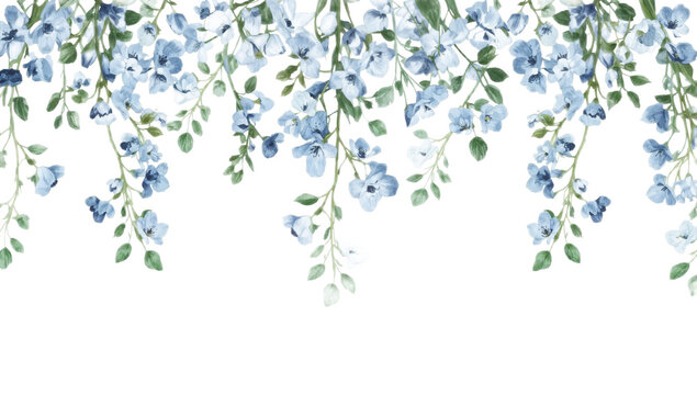 Hand-painted watercolor illustration of delicate hanging blue flowers. Romantic floral border for spring decoration or wedding banner