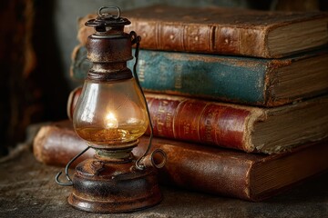 Glowing oil lamp beside antique books on wooden table