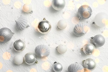 Christmas balls on white background, top view