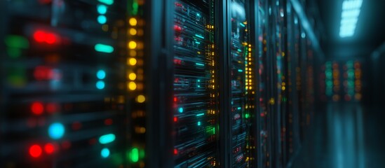 Data center servers with glowing LED lights in dark server room environment, concept for data storage solutions, cloud computing infrastructure and information technology services