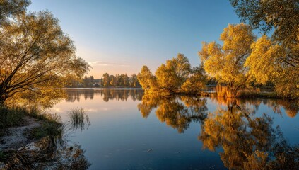 Fototapeta premium Golden autumn trees reflecting in the calm water of a tranquil lake at sunset.