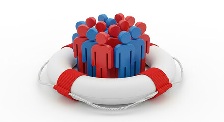 Lifebuoy protecting diverse group of people: social safety net concept