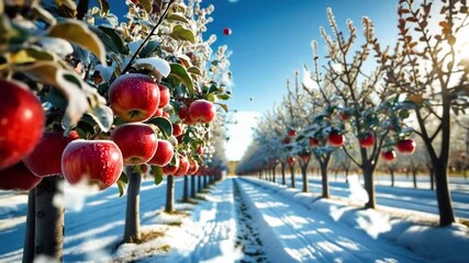 Beautiful apple orchard in winter, red apples covered with frost and snow - Powered by Adobe