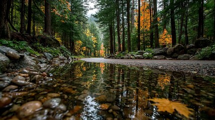 Obraz premium Forest trees reflected in water with rocks and fallen leaves.