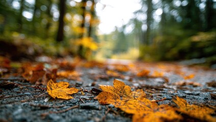 Autumn leaves on a forest path with blurred background.