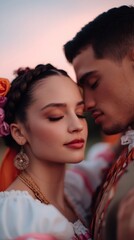Obraz premium Man and woman in traditional mexican clothing embrace. Tender moment during Day of the Dead or Dia de los Muertos celebration. Mexican culture.