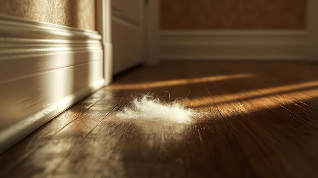 フローリングの床にたまった毛の塊のクローズアップ