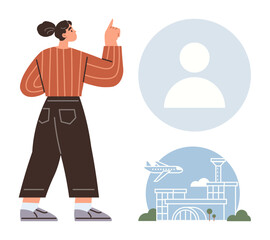 Woman gesturing upward next to profile avatar and an airport scene with airplane and terminal. Ideal for travel, navigation, technology, user guide, inspiration, self-discovery, and decision-making