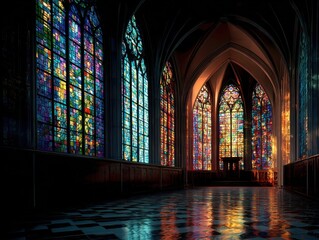 Gothic chapel interior, stained glass, sunlight, quiet prayer, religious peace