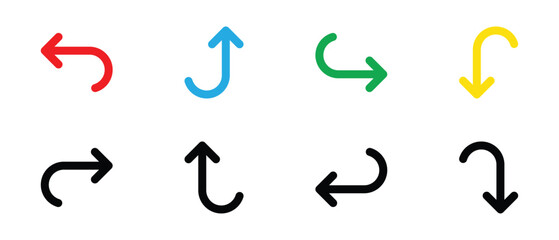 curved arrow icon set Undo, redo, and return direction in color and black vector