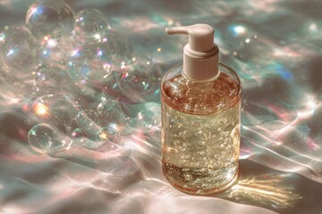 Hand sanitizer bottle, iridescent bubbles, sunlit fabric, hygiene