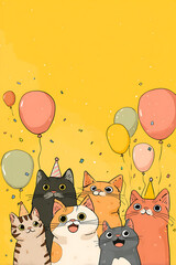 Group of cartoon cats celebrating a birthday with balloons and confetti in a cheerful setting