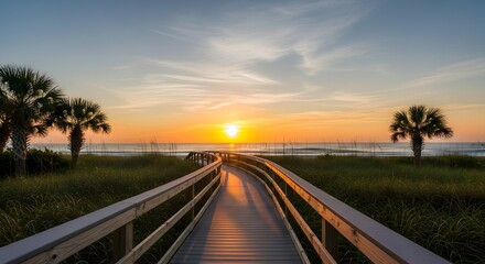 Sunset Walkway Path to Tranquility on a Coastal Beach, Palm Trees Silhouetted