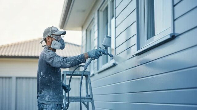 Painter sprays house siding
