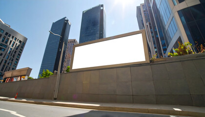 Fototapeta premium Urban Landscape Featuring Modern Skyscrapers and Large Blank Billboard on a Sunny Day