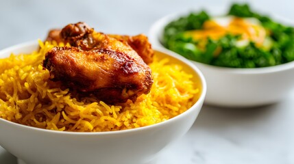 Single serving kabsa in white bowl with saffron rice and chicken.