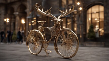 Luxurious Golden Deer Bicycle Sculpture Parked on a Cobblestone Street in an Artistic Urban Setting