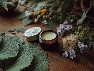 Herbal balm preparation on wooden table with flowers