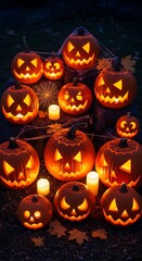 Halloween jack-o'-lanterns in the night