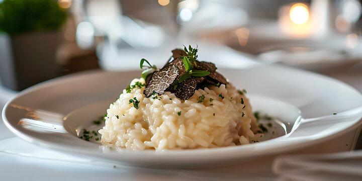 Gourmet truffle risotto served elegantly on a white plate, a luxurious dining experience.