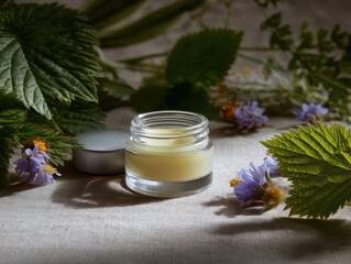 Herbal cream jar, wildflowers, linen cloth, sunlight. Skincare product photography
