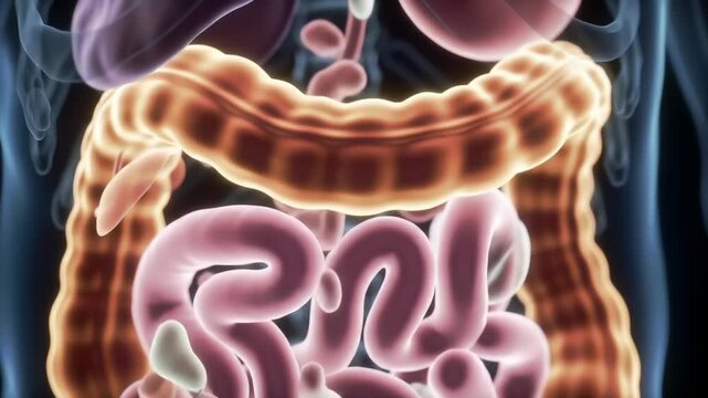 Detailed anatomical rendering of the human digestive system featuring the intestines colon and stomach against a dark background with a translucent body outline.