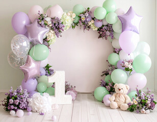 A professional photo studio background for a girl´s first birthday session green and lila