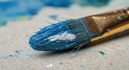 Macro of a dried paintbrush tip, split and frayed, caked with ultramarine blue and titanium white paint, resting on a textured palette.