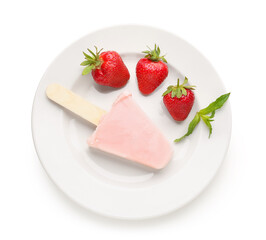 Plate with sweet strawberry ice-cream popsicle on white background