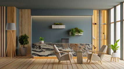 A luxurious and modern reception desk in a stylish office or hotel lobby with comfortable...