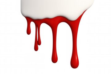 Red paint dripping down white surface, forming vivid crimson streaks against transparent backdrop