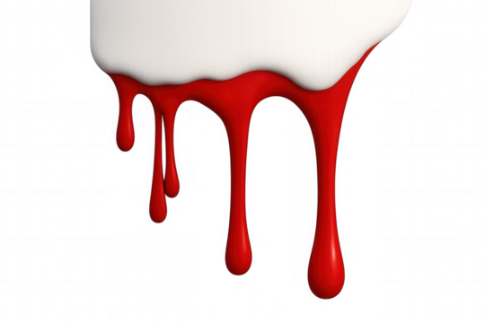 Red paint dripping down white surface, forming vivid crimson streaks against transparent backdrop