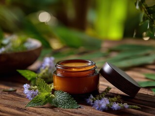 Herbal cream jar, jungle backdrop, spa treatment, wellness