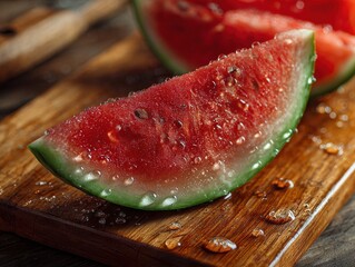 Juicy watermelon slice on wooden board, summer kitchen