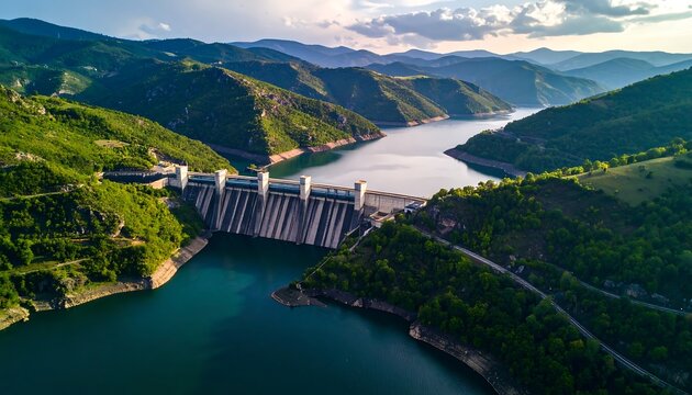 Aerial view of a dam and reservoir nestled in a mountainous landscape - Powered by Adobe