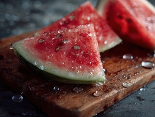Juicy watermelon slices on wooden board, summer refreshment (1)