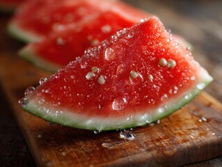 Juicy watermelon slices on wooden board, summer refreshment