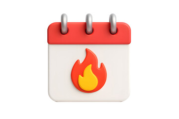 A 3d rendering of a calendar with a flame icon. It represents a hot event, deadline, or important appointment. Stay organized and on schedule.