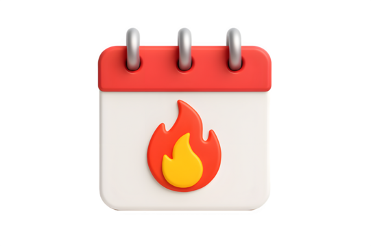A 3d rendering of a calendar with a flame icon. It represents a hot event, deadline, or important appointment. Stay organized and on schedule.