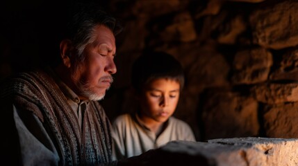 Older latin american man and young boy praying in low light. Ancestral spiritual connection. Traditional Mexican ritual for family unity.