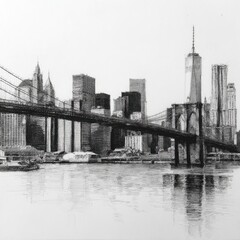 Obraz premium Graphite drawing of NYC skyline with bridge