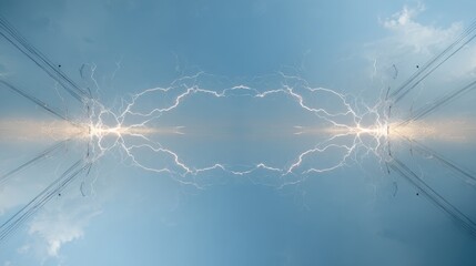 Electric Storm with Dramatic Lightning Strikes Against a Clear Sky and Power Lines in Perspective View